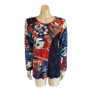 Orientique Patchwork Top Sz 10 Stretch T-Shirt Long Slve Round Neck Red Abstract - Picture 1 of 11