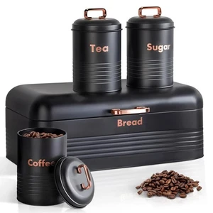 Caja de pan de metal con té café azúcar contenedor juego caja de pan negro para cocina... - Imagen 1 de 6