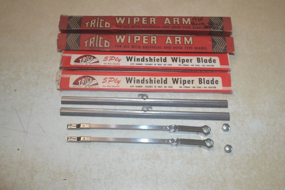 1936 Buick 80 90 Series Original Equipment Wiper Arms Blades Nuts Trico Factory - Image 1 of 4