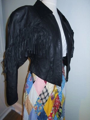 Vtg 80s INTERNATIONAL RINZI Black Leather Fringe Western Glam Rock Jacket~L - Image 1 of 4