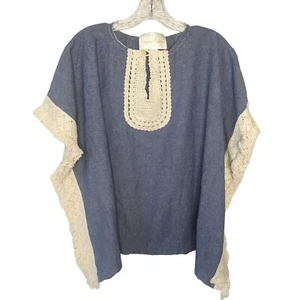 Original SOUVENIR EDITION by STACI WOO blue ivory fringe Bohemian Cotton Top S - Picture 1 of 10