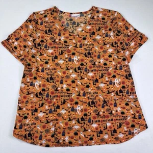 Scrub Star Happy Halloween Print Damen V-Ausschnitt Scrub Top Spooky Größe Large / XL - Bild 1 von 9