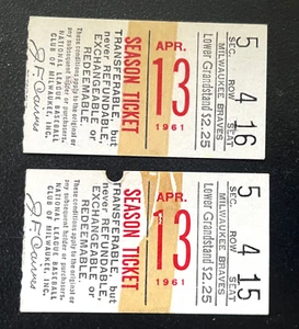 2 TIX! 4/13/61 BRAVES/CARDINALS TICKET STUBS-AARON 2B&3B/GIBSON 4 K'S/6.448 FANS - Imagen 1 de 2