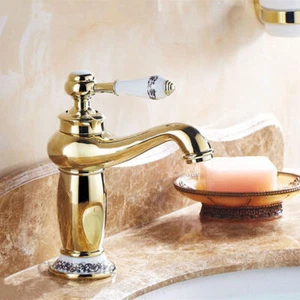 EURO Poliertes Gold Badezimmer Waschbecken Wasserhahn Kunst Keramik Blume Basis Wassermischer Wasserhahn - Bild 1 von 6