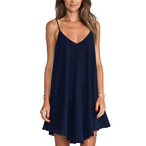 Women Summer Sexy Beach Chiffon Strap Loose Short Dress Plus Size Black Blue