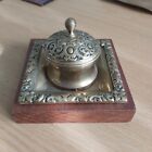 1930s Ornate Brass Desk Inkwell With Wooden Block Stand