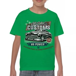 Old School Custom V8 Youth T-shirt Hot Rod Greaser & Rebel Classic Car Kids - Picture 1 of 50