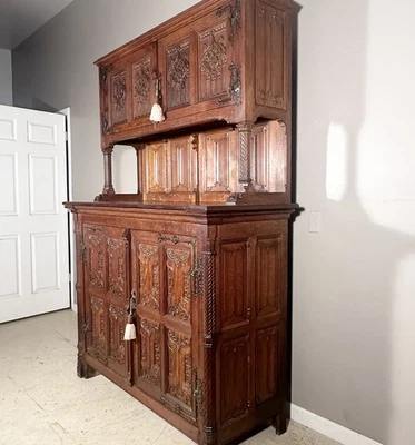 Antique Gothic Revival Sideboard Server Buffet Cupboard in Solid Oak - Image 1 of 4