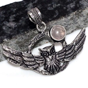 925 Silver Plated Flying Owl Rose Quartz Pendant Gemstone Size 1.6" AU j296 - Bild 1 von 3