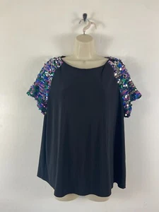 Love label UK size 18 black polyester top with purple sequence shoulders - Picture 1 of 14