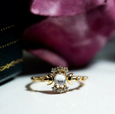 Dainty Moonstone Moon Star Silver Ring Silver Natural Gemstone Gift for Her - Image 1 of 4