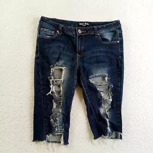 Encore Jeans Shorts Juniors 11 Cotton Distressed Destructed Midi Blue Denim - Picture 1 of 11