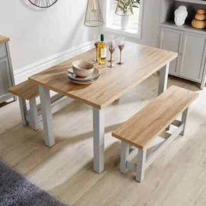 Oak Effect Dining Table & 2 Bench Set Grey Painted MDF Compact Kitchen Set - Picture 1 of 11