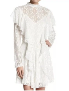 $128 NWT FREE PEOPLE SzXS MOCK NECK LONG SLEEVE ALLOVER LACE DRESS IVORY - Picture 1 of 4