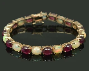 Natural Ethiopian Opal & Ruby Gemstone 14K Rose Gold 925 Silver Tennis Bracelet - Picture 1 of 5