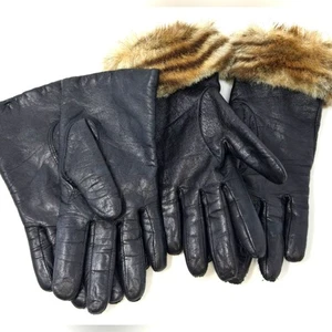 VINTAGE SCHWARZE LEDERHANDSCHUHE 2ER SET GATES FLEECE GEFÜTTERT KUNSTFELLBESATZ DAMEN EINHEITSGRÖSSE - Bild 1 von 16