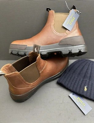 Polo Ralph Lauren Hombres Oslo Chelsea Botas Talla 10.5D Marrón + Azul Marino Gorro Sombrero Paquete Foto 1 de 4
