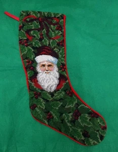 Vintage Wool & Velvet Handmade Needlepoint Christmas Stocking Santa Claus Holly  - Picture 1 of 8