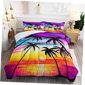Tropical Sunset Palm Tree Comforter Set for Kids and Adults, Queen Size Sea - Picture 1 of 8