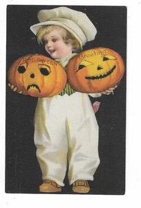 Wolf Kneipe.  Halloween Postkarte Mädchen hält 2 JOLs - Bild 1 von 2