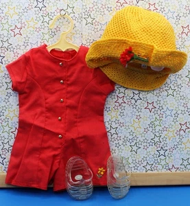VINTAGE PLEASANT COMPANY AMERICAN GIRL RED ROMPER YELLOW HAT & JELLIES OUTFIT - Picture 1 of 2