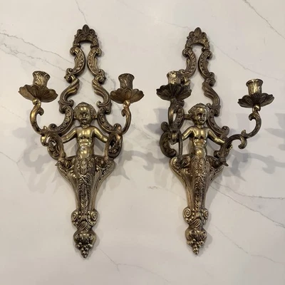 "Par de apliques de pared vintage de metal dorado doble vela querubín 21,5"" de alto - Juego de 2" Foto 1 de 4