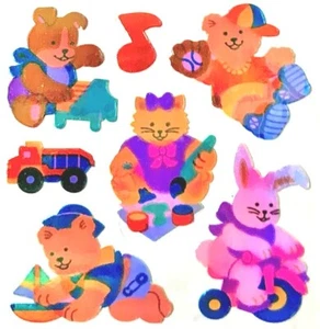 Pearly ANIMALS PLAYING MOP Sandylion Stickers - 1 square ~VINTAGE~ - Picture 1 of 1