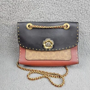 Coach Tea Rose Parker borsa rivetti dettaglio pelle di serpente cinturino ottone chiusura girevole - Foto 1 di 15