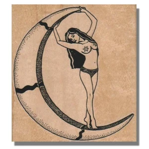 Mounted Rubber Stamp, Pretty Lady On 1/2 Moon, Beautiful, Woman, People, Star,lg - Picture 1 of 2