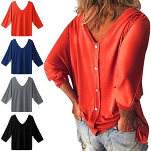 3/4 Sleeve Summer Back Buttons T Shirts V Neck Solid Top Blouse S-XXL For Women - Picture 1 of 15
