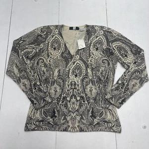 Saks Fifth Avenue Ivory Black Entro Print V Neck Cashmere Sweater Women’s XL New - Picture 1 of 5