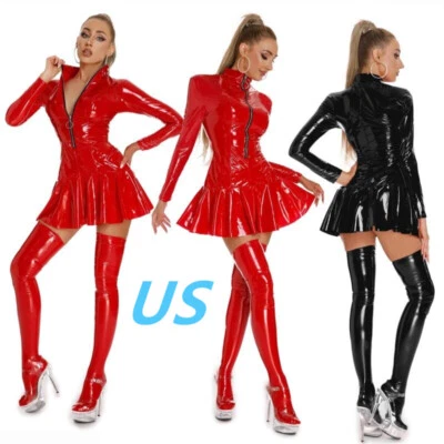 Womens Wet Look PVC Leather Mini Dress Stand Collar Ruffled Dress Clubwear - Image 1 of 4
