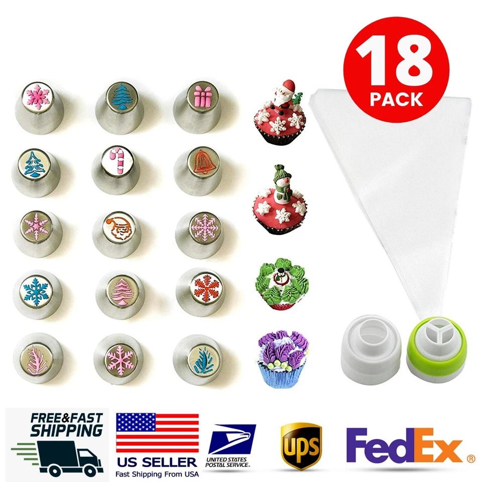 18PACOTES de pontas de tubulação de gelo russas bicos de Natal saco de pastelaria e conjunto de acoplador - Imagem 1 de 4