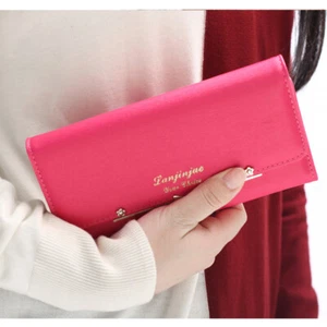 Portafoglio donna rosso rosa carino fiocco pochette pelle porta carte lungo borsetta US - Foto 1 di 5
