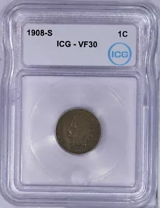 1908-S Indian Cent 1c ICG VF30 - Picture 1 of 4