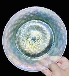 Antique Handblown Stretch Glass Plate Iridescent Green W/ Pink Rim 8.25" - Picture 1 of 6