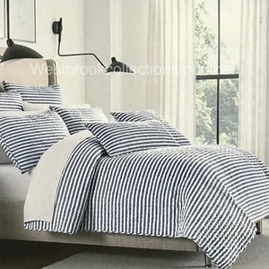 3pc BROOKS BROTHERS Linen Blend KING Duvet & Sham Set Quilted ~ Navy Stripe - Picture 1 of 6