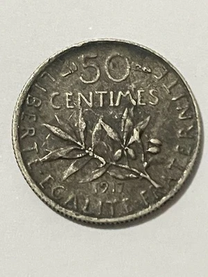 👀FRANCE 1917 50 CENTIMES SILVER COIN SCARCE ANTIQUE 👀 - Image 1 of 2