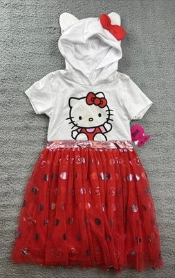 Vestido Hello Kitty Niñas Mediano 8 Blanco Rojo Con Capucha Tul Falda Lazo Orejas Nuevo Foto 1 de 4