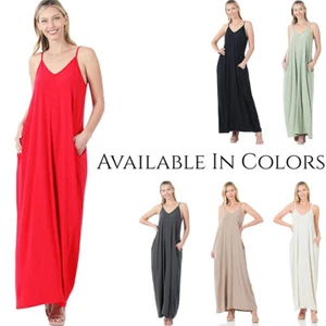 Maxi Vestido Zenana Cuello en V CAMI con Bolsillos Laterales y Correas Ajustables - Imagen 1 de 7