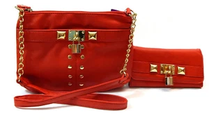 Damen-Kuriertasche Handtasche + dreifach faltbare Brieftasche Scheckbuch-Set Geldbörse in Braun & Rot - Bild 1 von 14