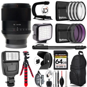 Sony Planar T* FE 50mm f/1.4 ZA Lens  - Video Kit +Flash-64GB Accessory Bundle - Picture 1 of 9