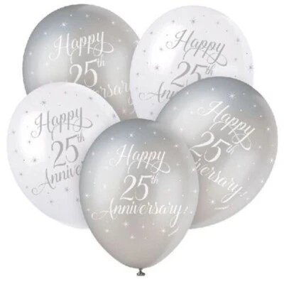 25th Wedding Anniversary Balloons Silver Wedding Party Decoration Silver & White - Image 1 of 3