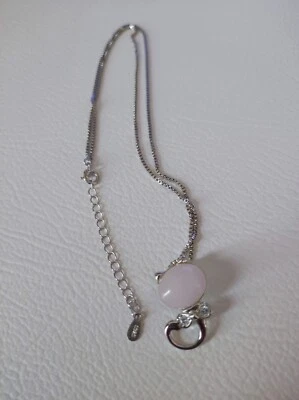 collana donna argento 925 con ciondolo gattino con pietra rosa - Immagine 1 di 4