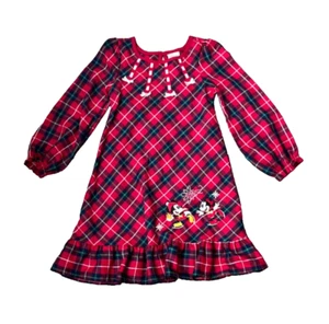 Girls Disney Store Mickey/Minnie Ice Skating Long Sleeve Plaid Nightgown Sz 5/6 - Picture 1 of 9
