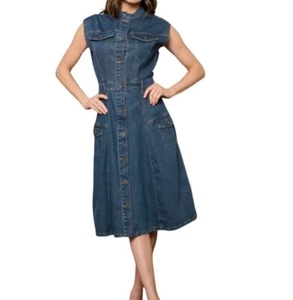 Trend Women's Sleeveless Button-up Denim Midi Dress with Pockets Medium - Picture 1 of 3