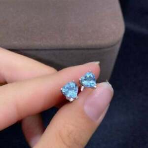 1CT Heart Cut Simulated  Blue Topaz Solitaire Stud Earrings  14k White Gold Over