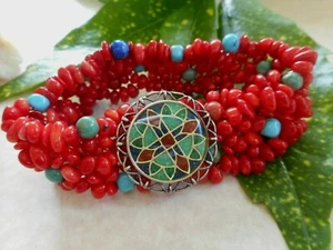 Southwest Carolyn Pollack Coral Beaded Inlaid Stretch Bracelet 25D - Picture 1 of 8