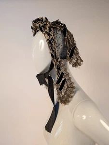 EXCEPTIONAL CIVIL WAR 1860’S NET BONNET W 2 TONE LACE + SILK VELVET RIBBONS - Picture 1 of 7
