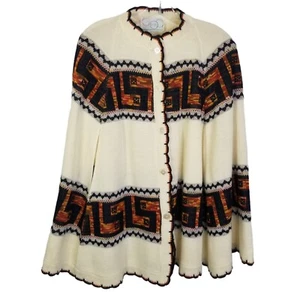 Cue Knits One Size White Abstract Sweater Button Poncho - Picture 1 of 7